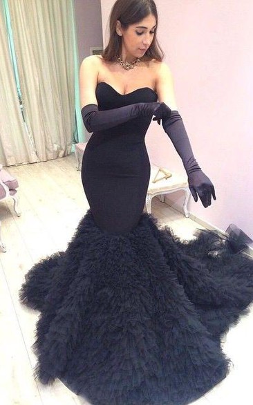 Modern Black Ruffles Mermaid Prom Dress Sweetheart Sweep Train