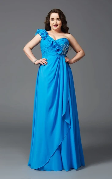 A-line Floor-length One-shoulder Chiffon Flower(s) Draping Beading Dress