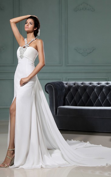 Crisscross Straps Chiffion Front-Split Dress With Beading Detailing