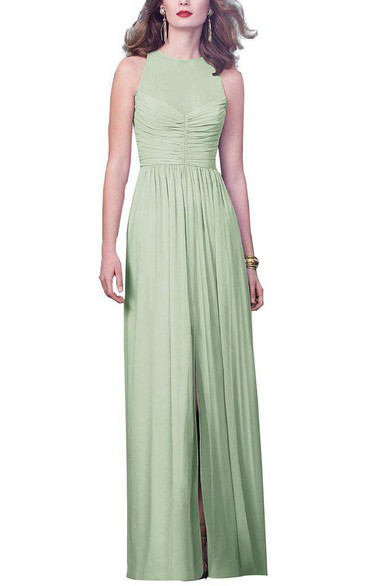 Illusion Jewel Neck Long Chiffon Dress with Front Split