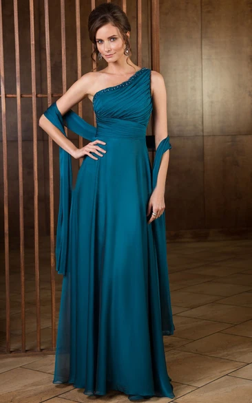 One-Shoulder A-Line Long Mother Of The Bride Dress With Shawl And Sequins