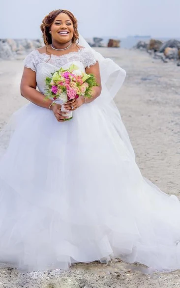 Gorgeous Plus Size Wedding Dresses Summer Lace Cap Sleeves A Line Beach Bridal Gowns With Pink Ribbon Sash Tulle Puffy Wedding Dresses