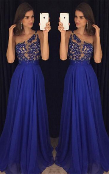 Elegant Royal Blur One Shoulder Prom Dresses Long Chiffon Appliques