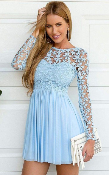 Chiffon Lace Short A Line Long Sleeve Casual Modern Homecoming Dress