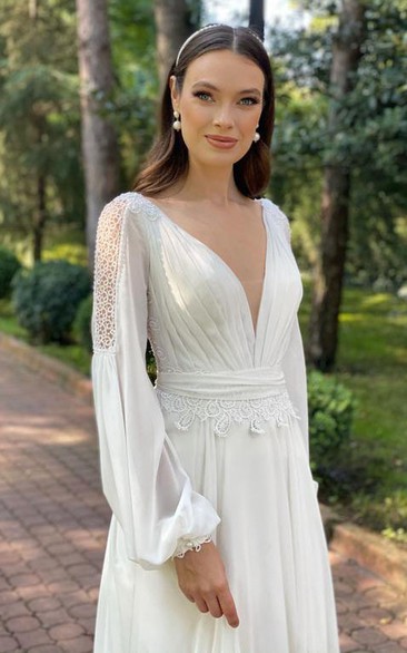 Chiffon Floor-length Court Train A Line Long Sleeve Luxury Wedding Dress with Ruching