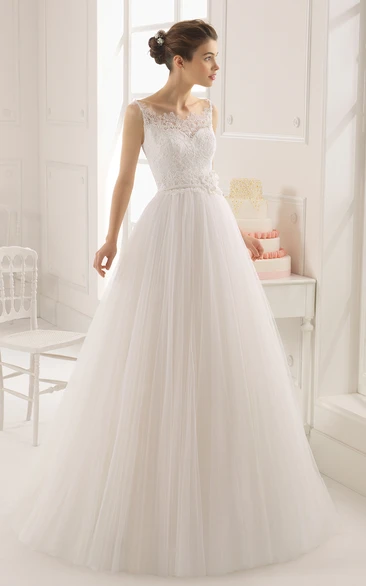 Dreaming Sleeveless A-Line Tulle Long Dress With Baeau Neckline