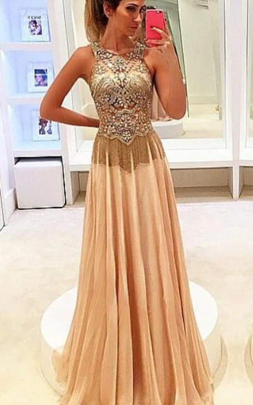 Newest Beadings Chiffon Illusion Prom Dress A-line Sweep Train