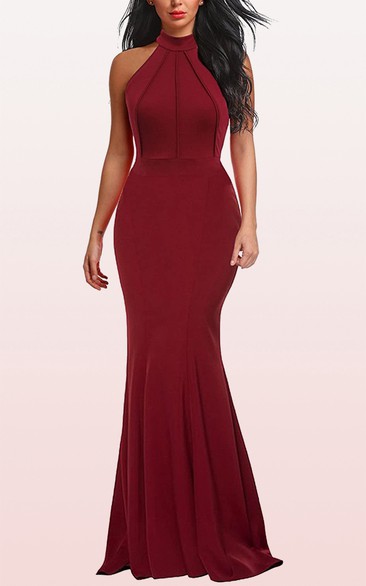 Modern Jersey Halter A Line Sleeveless Formal Evening Dress With Ruffles