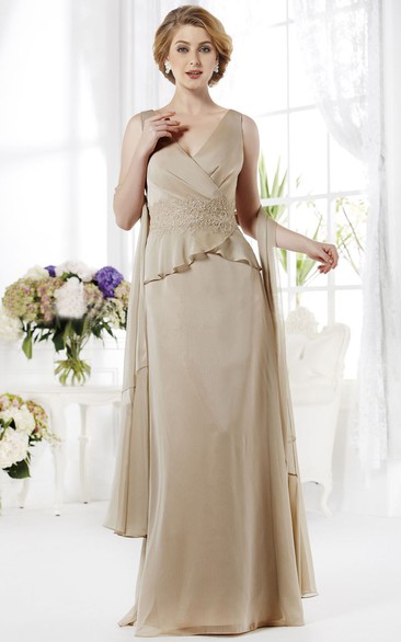 Sleeveless V-Neck Long Mother Of The Bride Dress With Ruffles And Appliques