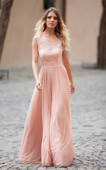 Open Back Illusion Boat Neck Sleeveless Long Dress With Lace Bodice