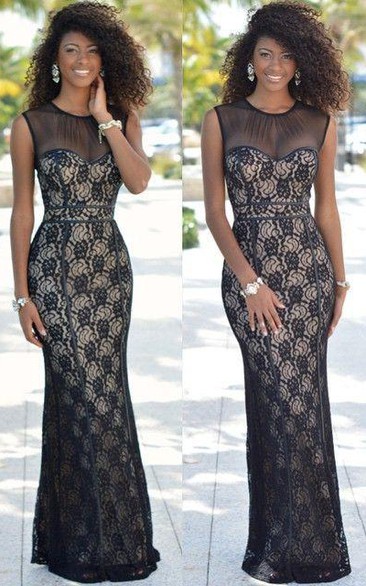 Chic Illusion Mermaid Black Lace Tulle Prom Dress Sleeveless