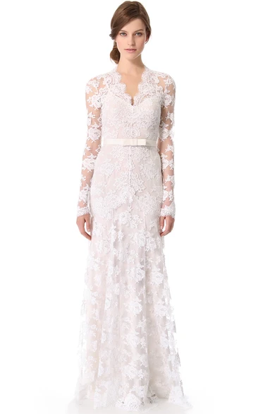 Unique Long Sleeves Long Low-V Sheath Lace Dress