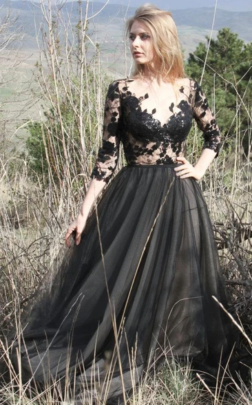 Tulle Long Sleeve Illusion Dress With Appliques And Deep-V Back