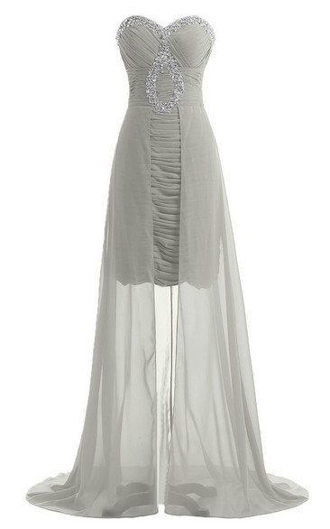 Sweetheart Long Chiffon Dress With Ruching and Sequins