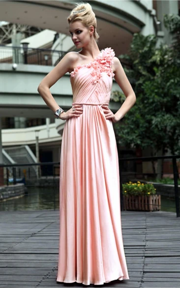 Pink A-line Floor-length One Shoulder Dress