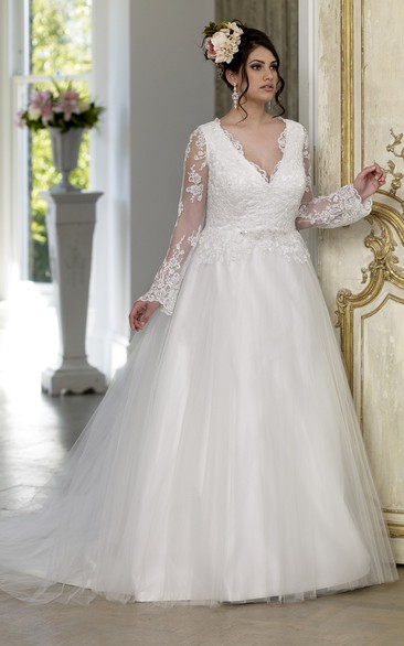 Ball Gown Floor-Length V-Neck Long Sleeve Puff Satin Tulle Court Train Lace-Up Back Appliques Dress