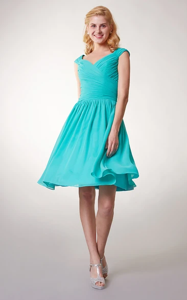 Short Cap Sleeved V-neck Chiffon Dress With Crisscross Ruching