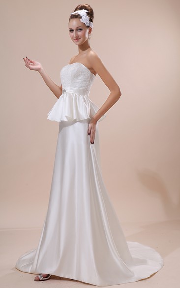 Strapless Satin Dress With Beaded Sash and Embroidered Bodice