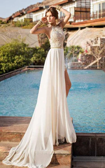 High Neck Sleeveless Lace Wedding Dress With Chiffon Skirt