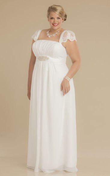 Sheath Square-Neck Ruched Empire Cap-Sleeve Chiffon Plus Size Wedding Dress With Waist Jewellery