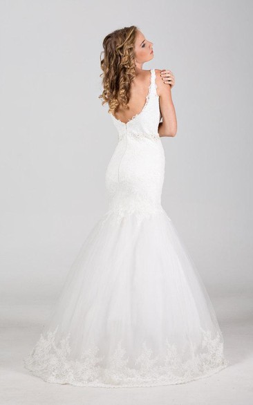 Square Neck Sleeveless Mermaid Lace Dress With Beaded Waist