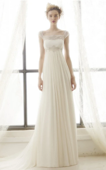 Sheath Maxi Cap-Sleeve Pleated Empire Square-Neck Tulle Wedding Dress With Appliques And Illusion