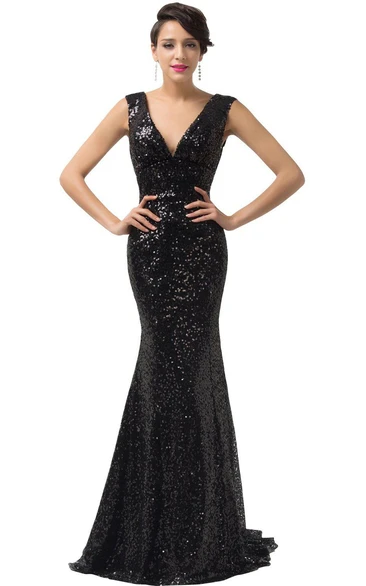 Sleeveless V-neck Mermaid Gown With Allover Sequins