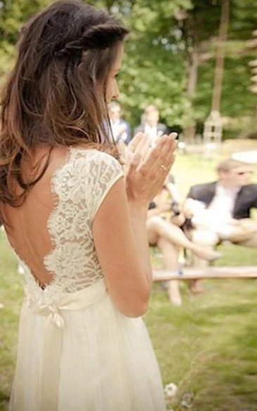 V-neck Cap Sleeves Court Train Backless Wedding Dress With Sash