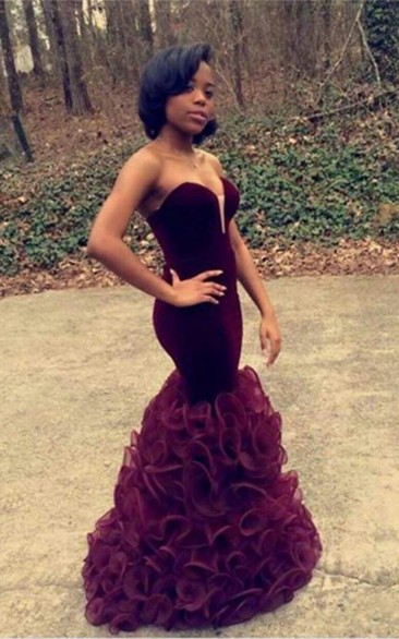Stunning Sweetheart Mermaid Burgundy Prom Dresses Organza Floor Length