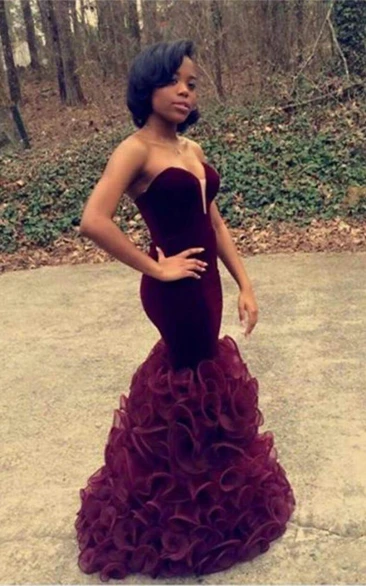 Stunning Sweetheart Mermaid Burgundy Prom Dresses Organza Floor Length