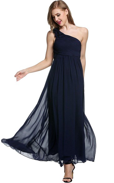 Empire Floral Single Strap Chiffon Long Dress Navy Blue