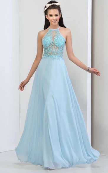 Halter Appliques Sequins Backless Prom Dress