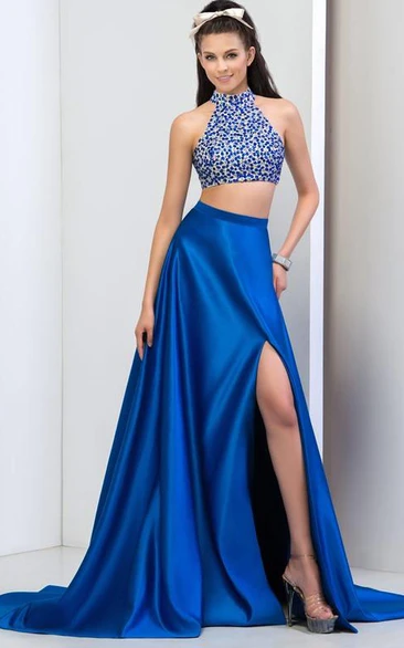 Jewel Neck Beaded Two-Piece Long Prom Dress