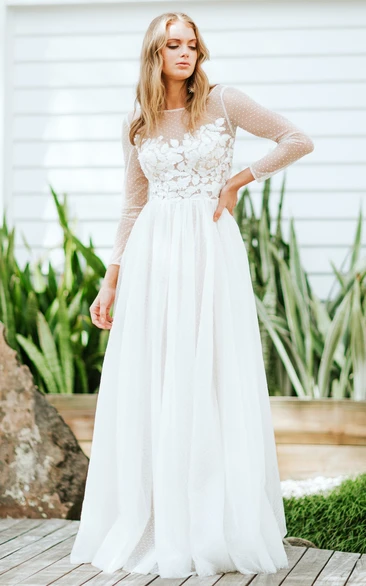 Modest Bateau A Line Lace Sweep Train Wedding Dress with Appliques