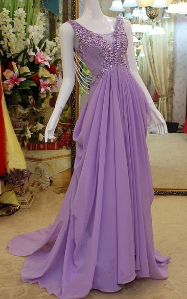 Glamorous Chiffon Beadings Straps Evening Dress Bowknot Sweep Train