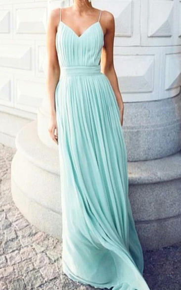 A-line Floor-length V-neck Spaghetti Straps Chiffon Dress