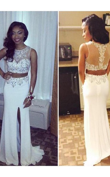 Mermaid Sleeveless Chiffon Scoop Beading Sweep Train Two Piece Dresses