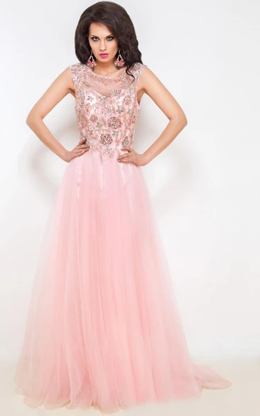 A-Line Floor-Length Sweep Jewel Short Sleeve Tulle Beading Pleats Keyhole Dress