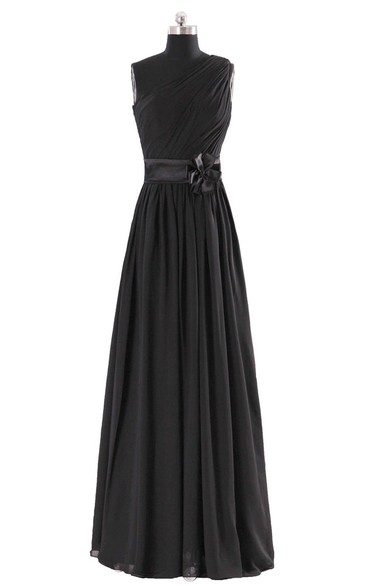 High-neck A-line Chiffon Dress With Satin Sash and Bow