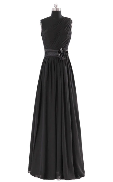 High-neck A-line Chiffon Dress With Satin Sash and Bow