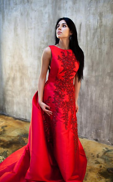 Vintage Red Sleeveless Appliques Evening Dress Long Train