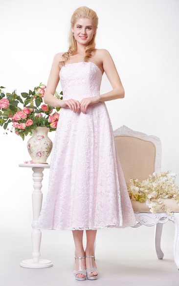 Simple Strapless A-line Lace Tea Length Dress