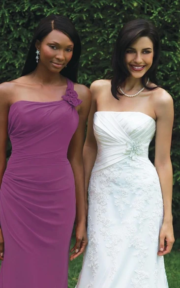 sheath Pleats One Shoulder Lace Chiffon Bridesmaid Dress