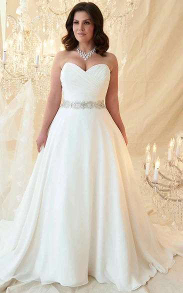 A-Line Sweetheart Jeweled Chiffon Plus Size Wedding Dress With Criss Cross And Zipper