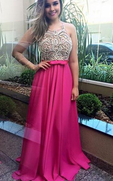 Modern Beadings Fuchsia Chiffon Prom Dress Sleevelss A-line
