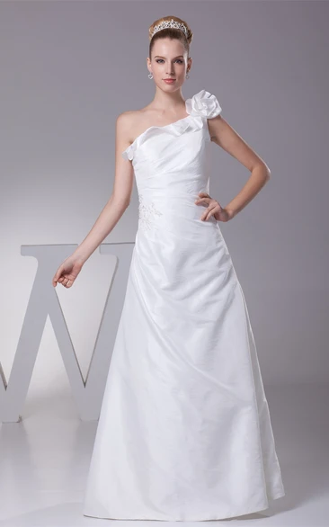 One-Shoulder A-Line Ruched Floral Strap and Gown With Appliques