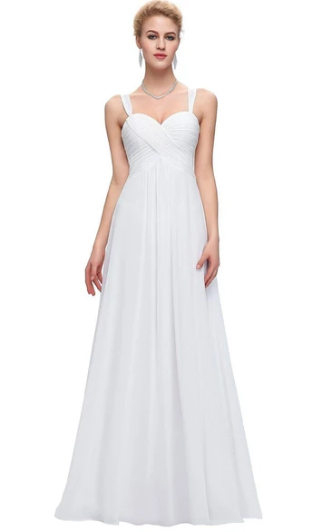 Sleeveless Straps A-line Long Ruched Chiffon Dress