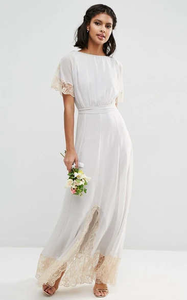 Sheath Ankle-Length Short Sleeve Scoop Neck Lace Chiffon Bridesmaid Dress