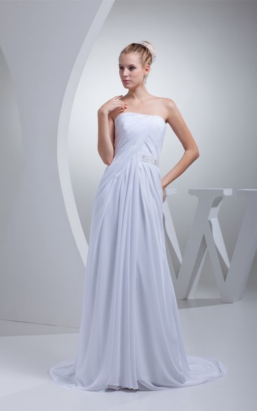 Sleeveless Pleated Chiffon Gemmed Waist and Dress With Sweep Train