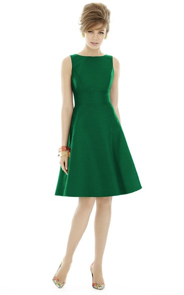 A-Line Jewel Sleeveless Satin Dress with Strap Back and Bow